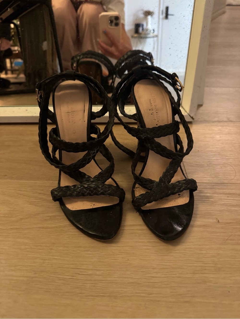Club Monaco Black Braided Strappy Heels with Ankle Buckle